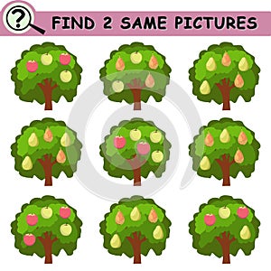 Find same pictures with cartoon tree, apples, pears.