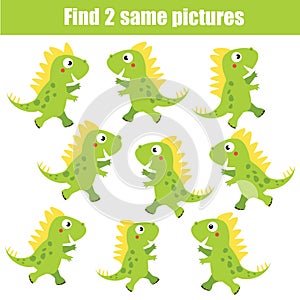 Find the same pictures children educational game. Animals theme, green dinosaurs