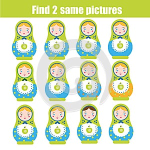 Find the same pictures children educational game. Find pair of matreshka dolls photo