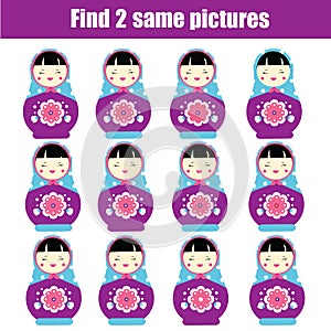 Find the same pictures children educational game. Find pairs of matreshka dolls