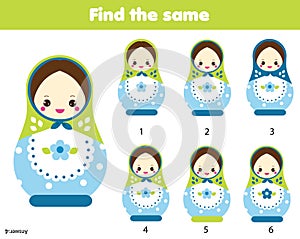 Find the same pictures children educational game. Find pairs of matreshka dolls