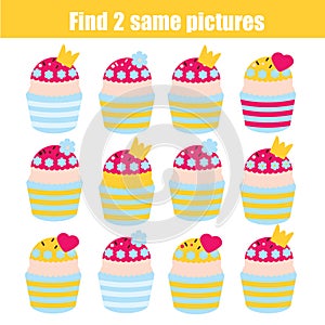 Find the same pictures children educational game. Find pairs of princess cupcakes