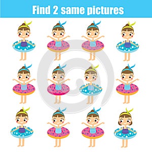 Find the same pictures children educational game. Find same summer girls