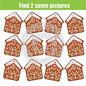 Find the same pictures children educational game. Find two identical Christmas gingerbread cookies