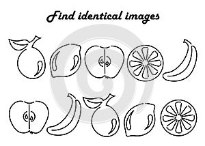 Find the same pictures-educational game for children. Set with fruit silhouettes . Apple pear plum and others.