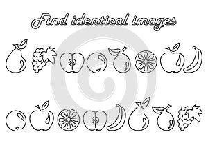 Find the same pictures-educational game for children. Set with fruit silhouettes . Apple pear plum pineapple and others.