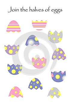 Find the second part of easter eggs in cartoon style for children, join the halves, preschool worksheet activity for kids, task