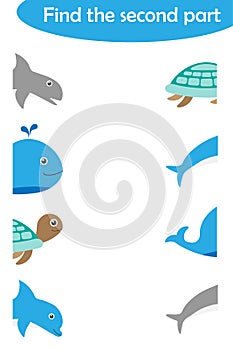 Find the second part of ocean animals for children, fun education game for kids, educational task for the development of logical