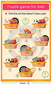 Find a set that does not have a pair. Puzzle for kids. Matching game, education game for children. Baskets with sports equipment.