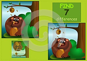 Find seven 7 differences brown bear in the forest eating honey next to bees and bee hive children\'s illustration