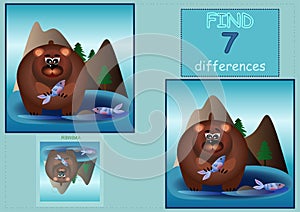 Find seven 7 differences brown bear in a mountain river catching fish children\'s illustration