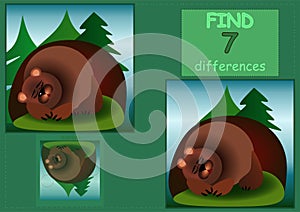 Find seven 7 differences hibernating bear in a den in the forest