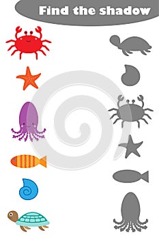 Find the shadow game with pictures of sea world underwater for children, education game for kids, preschool worksheet activity,