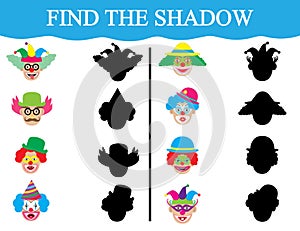 Find the shadows of clownâ€™s faces. Development of attention of children. Education. Vector illustration
