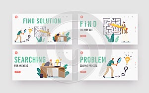 Find Solution, Challenge and Problem Solving Landing Page Template Set. Characters Finding Idea and Answer in Labyrinth