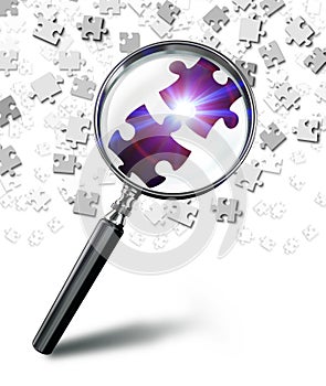 Find solution concept with magnifying glass and puzzle