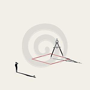 Find solution to impossible situation business vector concept. Making square with pair of compasses.