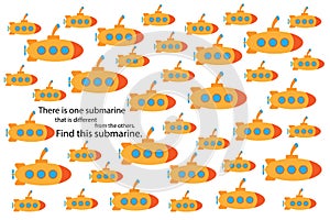 Find submarine that different, fun education puzzle game with transport for children, preschool worksheet activity for kids, task