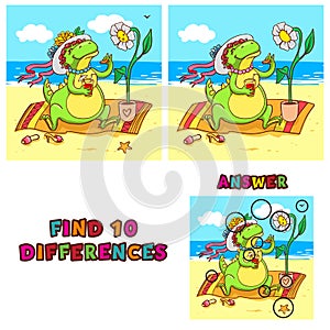 Find ten differences educational game for children. Vector colorful learning activity with crocodile on the beach