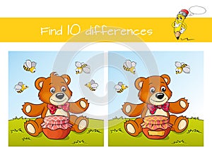 Find ten differences. Educational game for kids. Cute cartoon bear with honey and bees