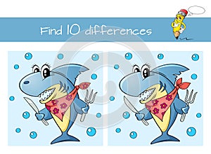 Find ten differences. Educational game for kids. Cute cartoon shark with fork and knife