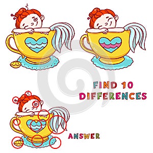 Find ten differences educational game for kids. Cute mermaid in cup of tea printable illustration