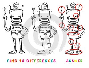 Find ten differences educational game for kids with robot. Vector learning activity for children