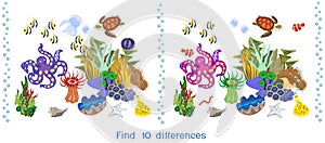 Find ten differences. Game for children with ecosystem of coral reef with different marine inhabitants