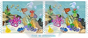 Find ten differences. Game for children with ecosystem of coral reef with different marine inhabitants