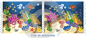 Find ten differences. Game for children with ecosystem of coral reef with different marine inhabitants