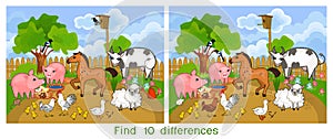 Find ten differences. Game for children with farm animals