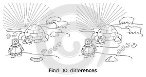 Find ten differences. Game for children with northern landscape with polar animals