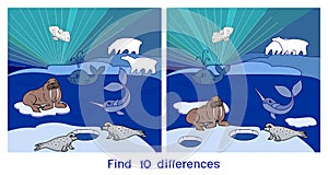Find ten differences. Game for children with northern landscape with polar animals