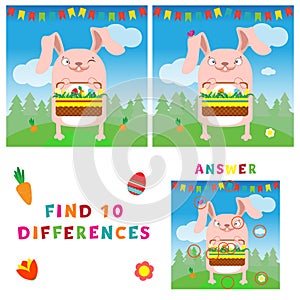 Find ten differences illustration of easter bunny with eggs
