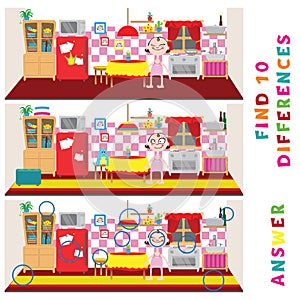 Find ten differences learning game for kids. Vector amusement activity