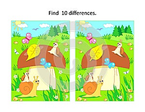 Find ten differences picture puzzle with big yummy mushroom and mom and kids snails