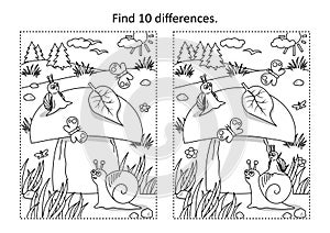 Find ten differences picture puzzle and coloring page with big yummy mushroom and mom and kids snails