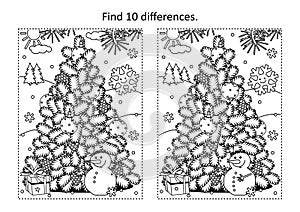 Find the ten differences picture puzzle and coloring page with christmas tree, cheerful snowman, gift box. photo