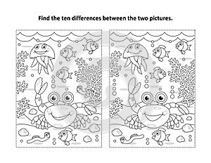 Find ten differences picture puzzle and coloring page, crab, sea life, black and white