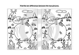 Najít rozdíly vizuální a zbarvení strana jablko a mravenci 