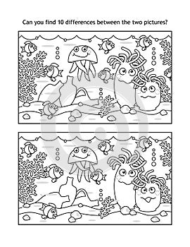 Find ten differences picture puzzle and coloring page, sea life, black and white