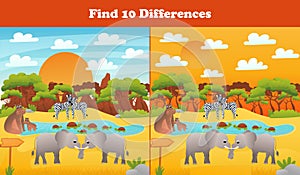 Find ten differences printable worksheet with safari desert scene, cute animals elephants and hippo for kids