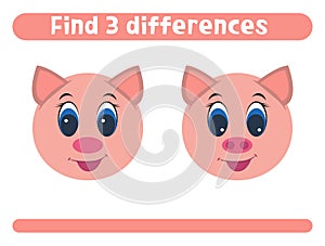 Find three differences Cute cartoon pig Worksheet for kids