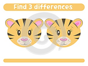 Find three differences Cute tiger Worksheet for kids