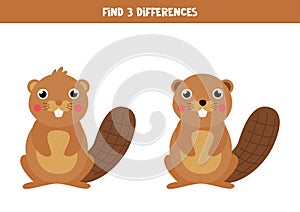 Find three differences between two cartoon beavers.