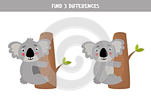 Find three differences between two cartoon koalas.