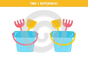 Find three differences between two cartoon pails.