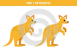 Find three differences between two pictures of cute kangaroo. Game for kids