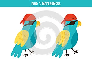 Find three differences between two pirate parrots.