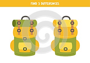 Find three differences between two travel backpacks.